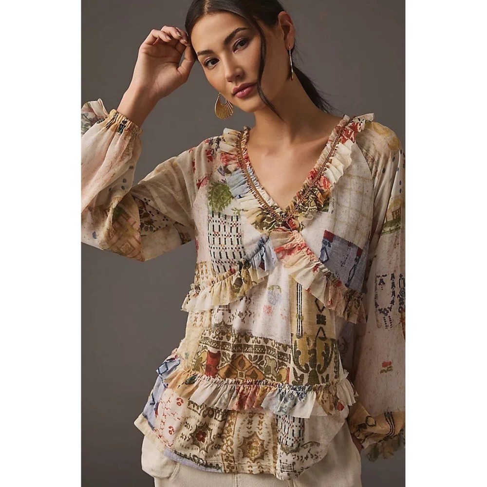 Anthropologie Tiny Ruffled Tunic Top Size S Cream Patchwork Print Boho‎